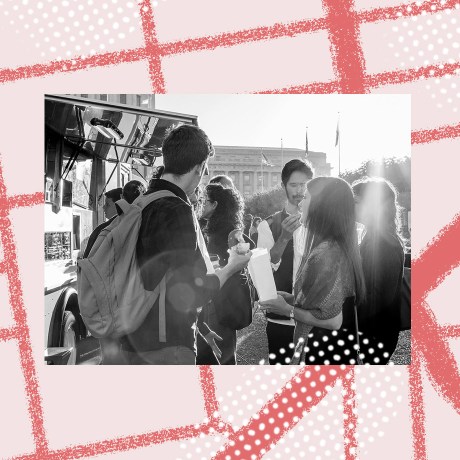 off the grid hero image of people eating at food trucks