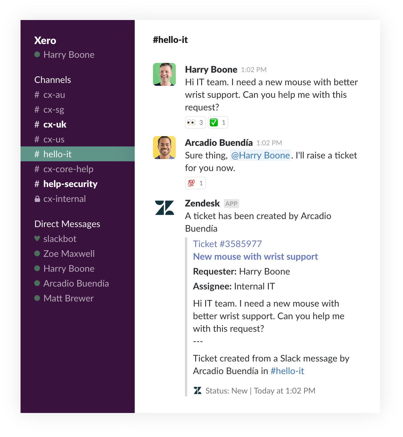 Zendesk IT help desk ticket in Slack