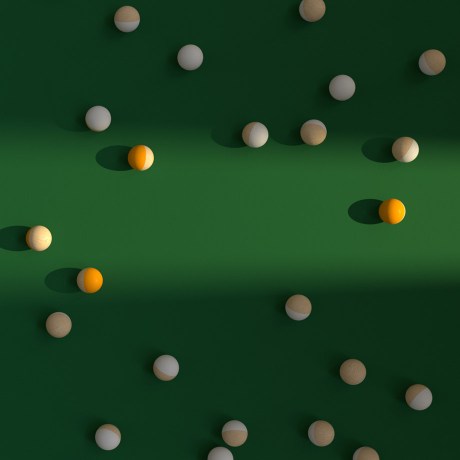 Alignment, a key theme in Slack’s State of Work report, is represented by wooden balls arranged in a beam of light.