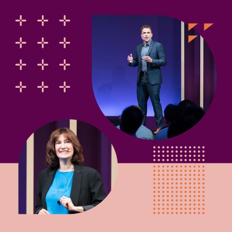 Photos of Slack CEO Stewart Butterfield and Chief Product Officer Tamar Yehoshua speaking on stage at Frontiers Tokyo.