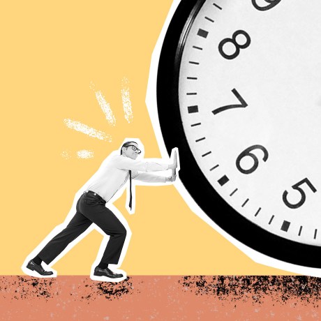 productivity tips hero man pushing giant clock trying to make it move