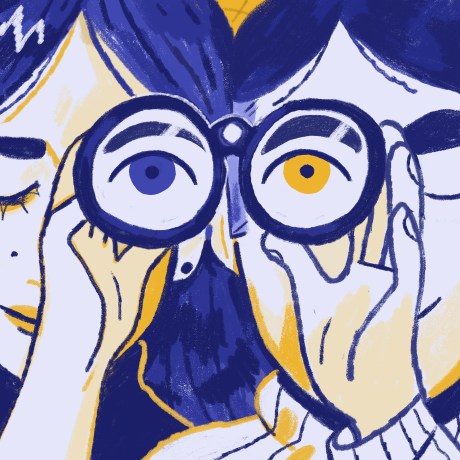 Two coworkers share a set of binoculars indicating that they have effectively communicated a solution to their workplace challenge and found a shared perspective around how to move forward.