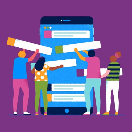 Original illustration showing a team collaborating on a Slack mobile device