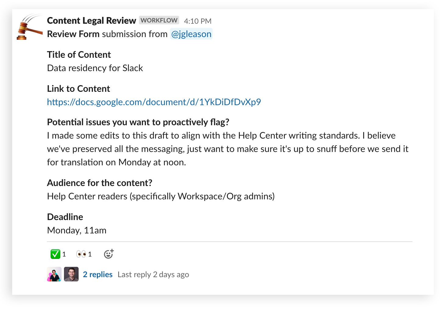 A legal review request made in Workflow Builder and posted into a channel