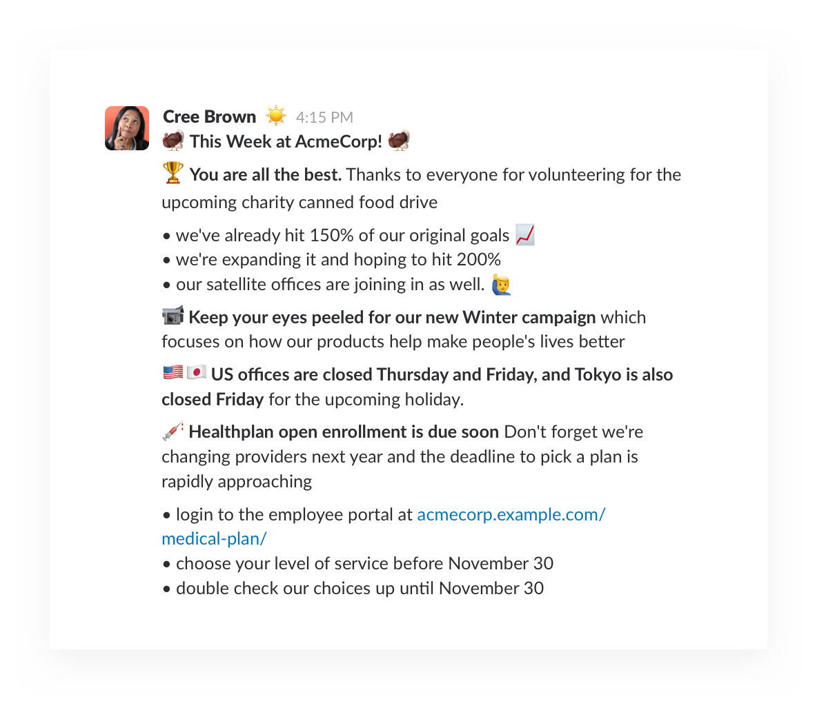 A company announcement made in Slack
