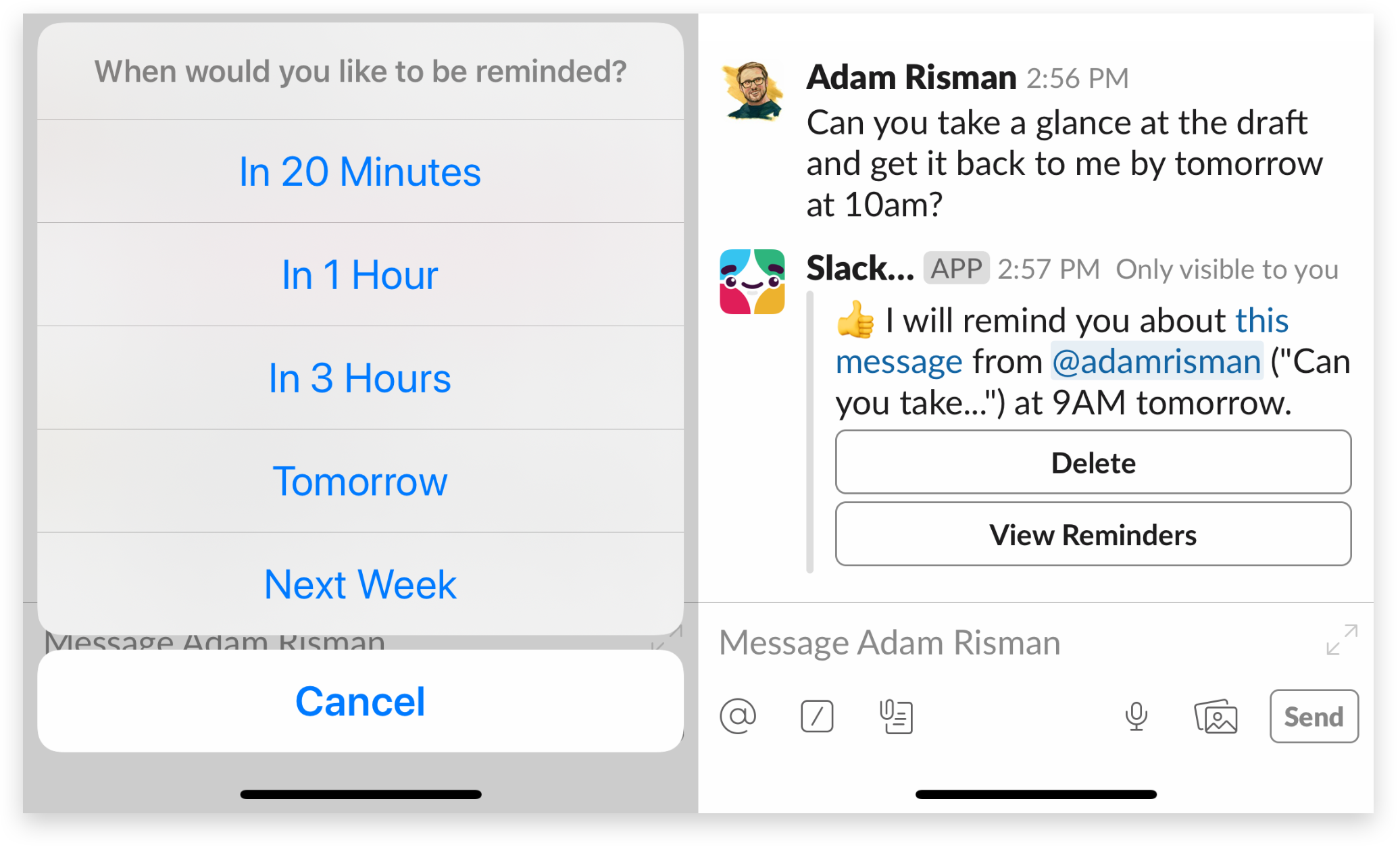 Setting a reminder on the Slack mobile app