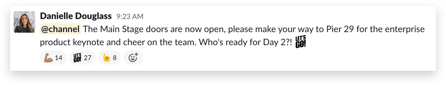 Using an @channel mention to contact all event attendees