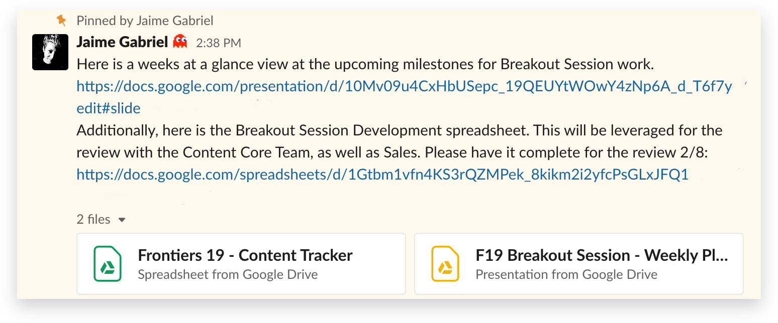 Pinned documents for project management