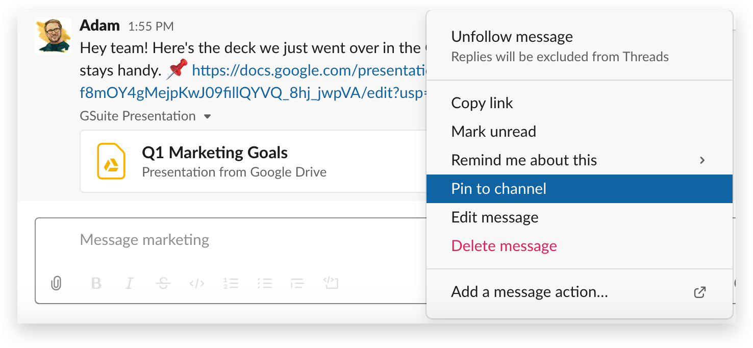 Pin a message to a project channel