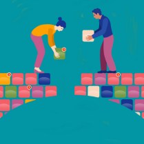 An illustration of two people building a bridge between them app by app.