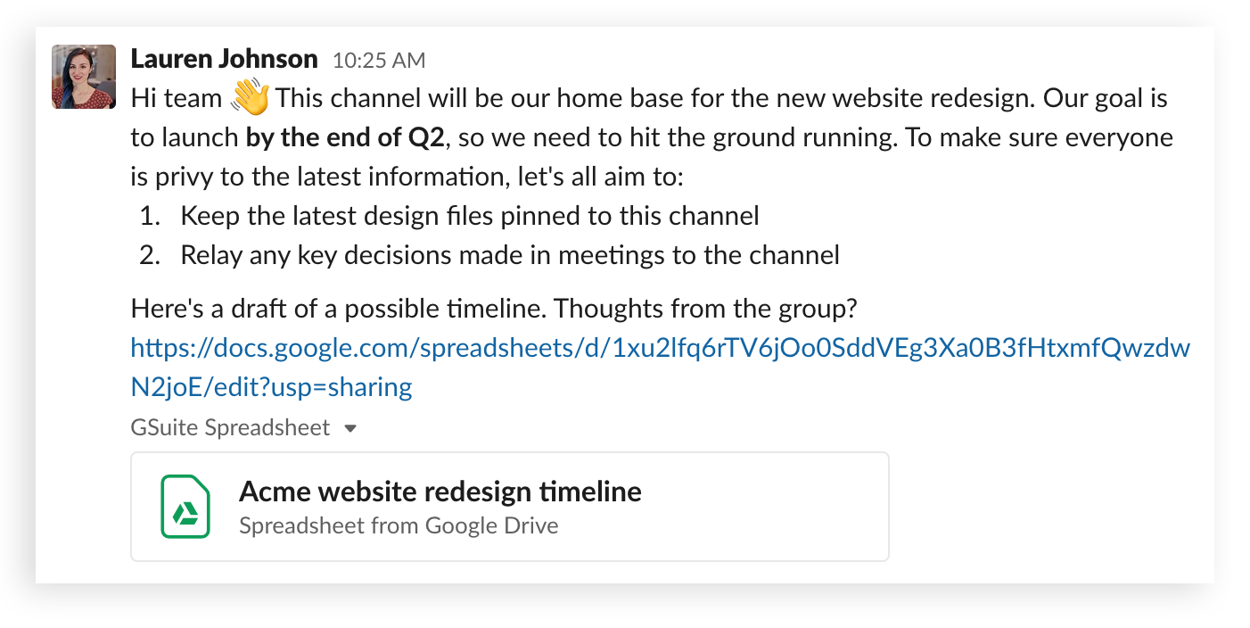 A message kicking off a project in Slack