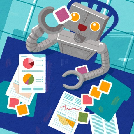 A robot examining individual pieces of data