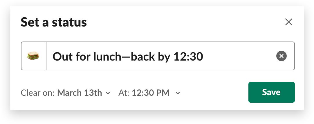 A user sets their custom Slack status while out for lunch
