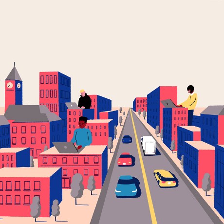 An illustration of a city, depicting building a distance learning campus
