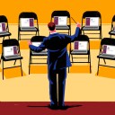 A conductor motioning to rows of chairs with laptops propped on them