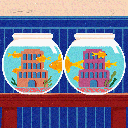 a goldfish swimming seamlessly between two fish bowls, denoting the ease of working in shared channels in Slack