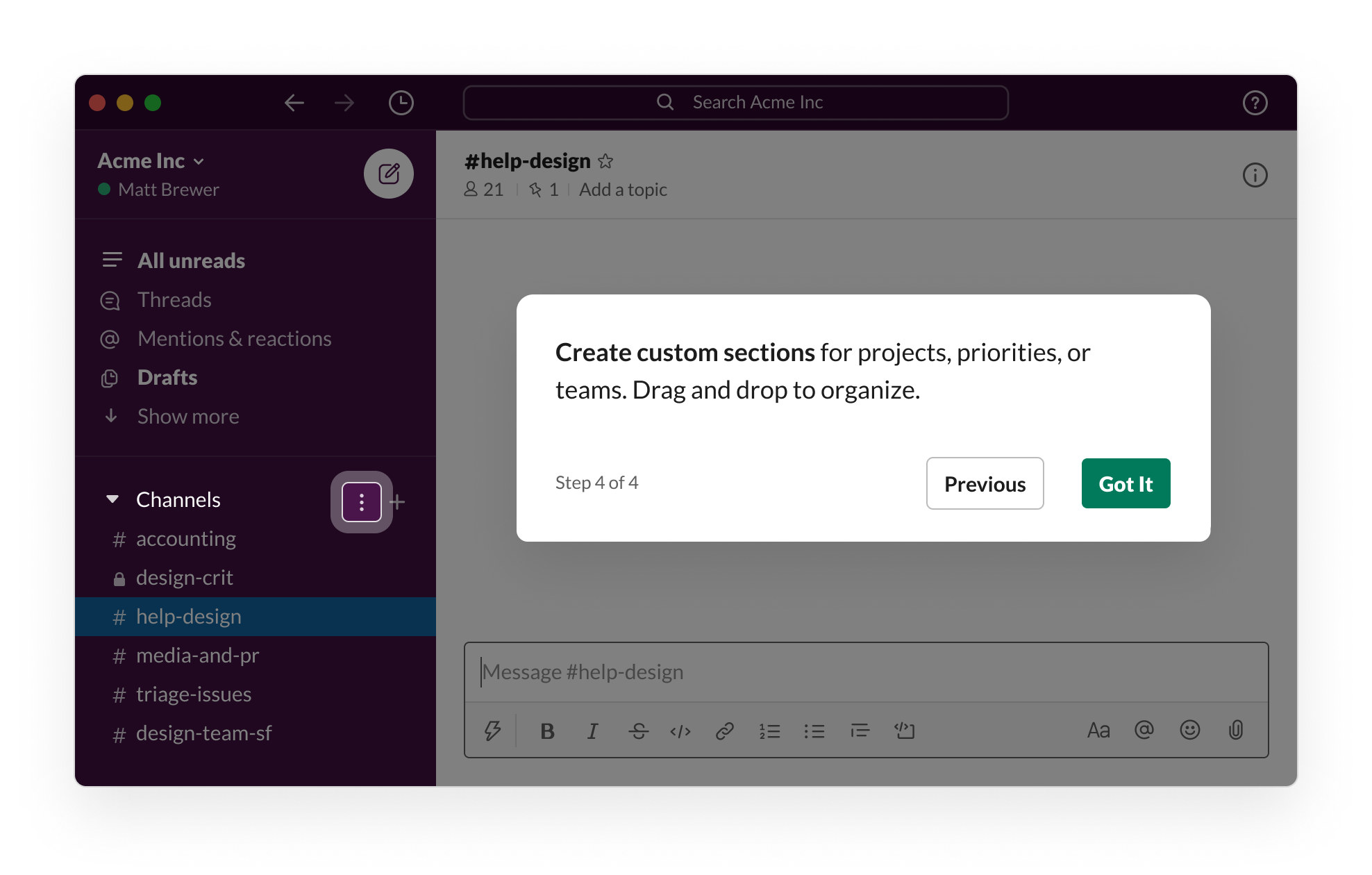An in-product prompt to create custom sections in Slack