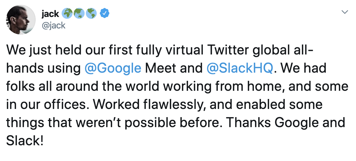 Tweet from Twitter CEO Jack Dorsey on the success using Slack for global all-hands