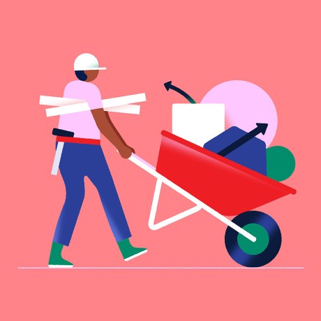 A man pushing a wheelbarrow with different shapes and arrows