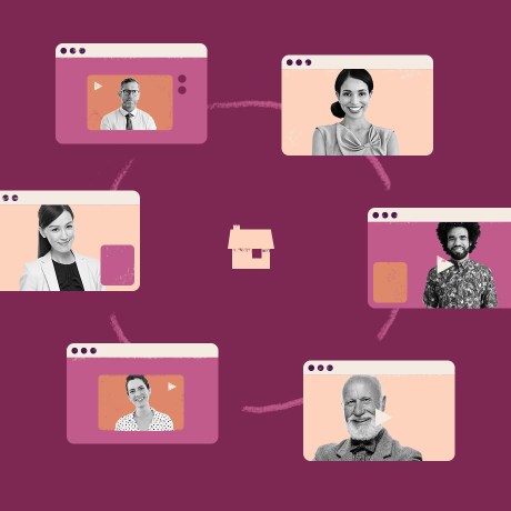 several video conferencing screens of different individuals against a purple background