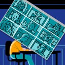 A person's head as a videoconference grid, weighed down against a blue background from exhaustion