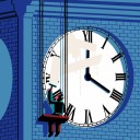 A person suspended from a clock tower, erasing the numbers on the clock face