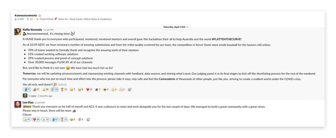 The announcements Slack channel from #flattenthecurvehack