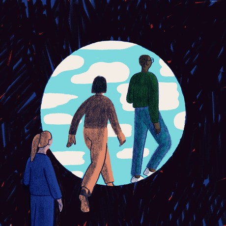 An illustration depicting three leaders emerging from darkness into a new world of work