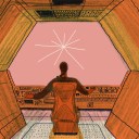 A man sitting at the cockpit of a spaceship with a distant star in view